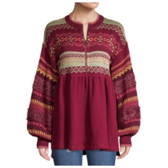 Free People Cozy Cabin Winter Fair Isle Peplum Sweater in Pomegranate Wine XS - Picture 3 of 11